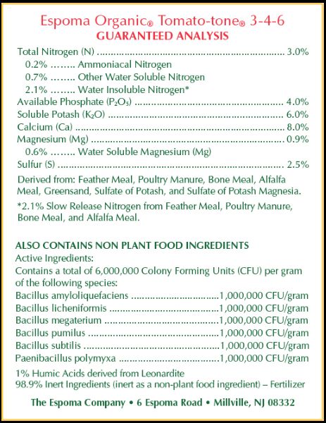 Espoma Tomato Tone Back Label