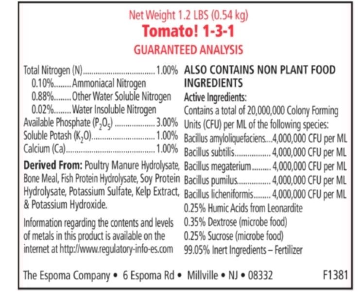 Espoma Tomato Liquid Back Label